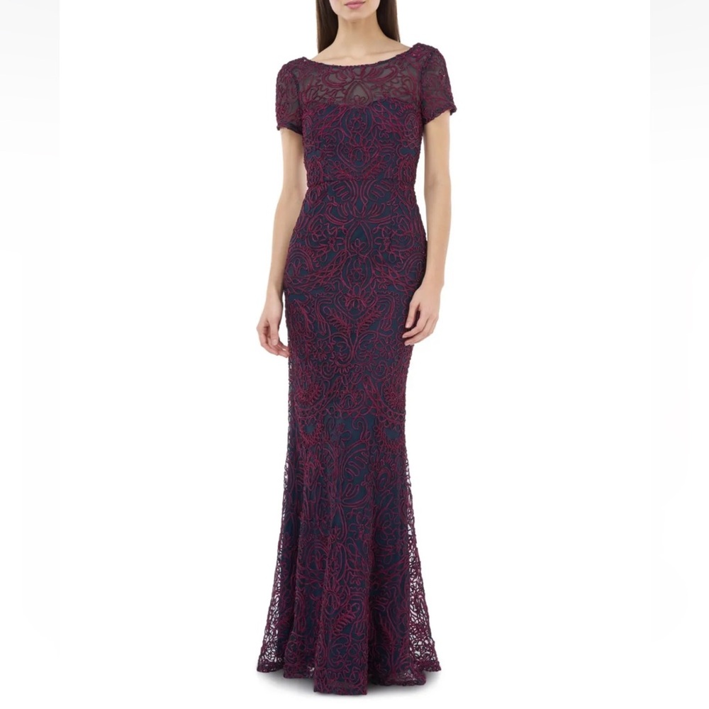 JS COLLECTION Short Sleeve Full-Length Evening Mermaid Dress Gown - Reemoly